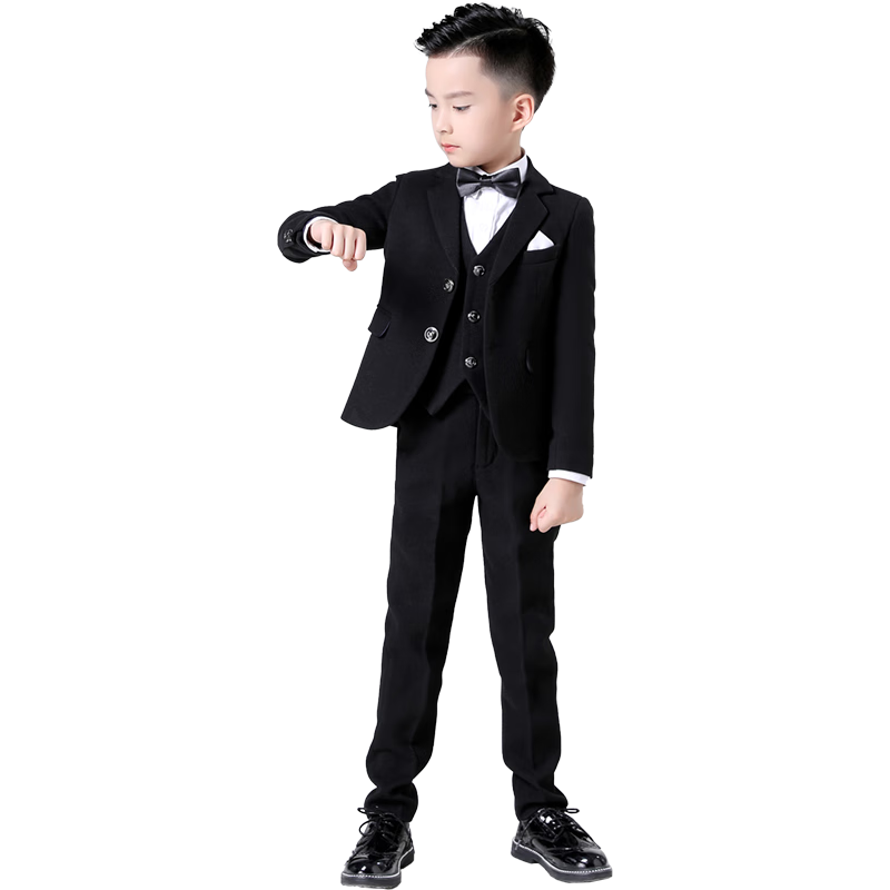 Luomeng Children's Suit Set for Boys, Flower Boy Formal Wear, Autumn Wool Suit for Piano Performance, Black Wool 5-Piece Set, Size 160