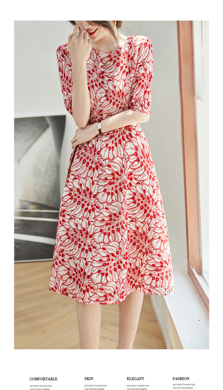 Dme [Monet Garden] Summer Elegant Breathable Pure Cotton Embroidered Waist-Cinching A-Line Flared Dress for Women, Mid-Length 5