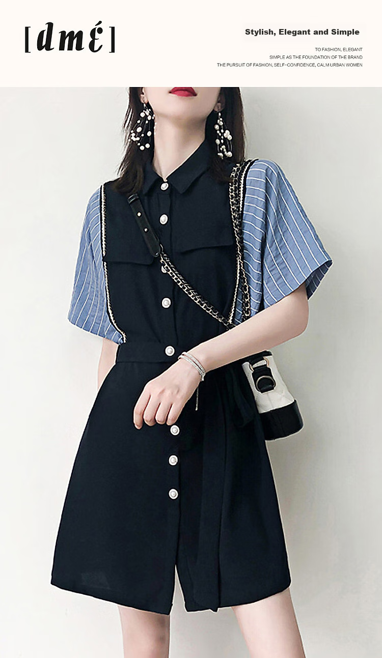 Dme [French Light Mature Commuter Style], Summer Simple Style, Turn-Down Collar, Waist-Cinching Short-Sleeve, Vintage Striped Patchwork Dress for Wome 1