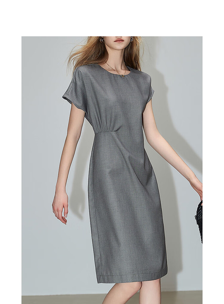 Dme Elegant Large Women's Summer Round Neck Waist-Cinching Urban Asymmetric Pleated Lightweight Commuter Short-Sleeve Dress for Wome 3