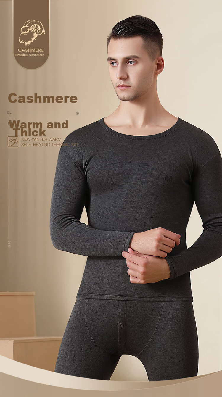 Hengyuanxiang [Cashmere] Thermal Underwear for Men, Fleece-Lined Thickened Mid-High Collar Autumn Top And Pants Set, Men's Winter Cold-Resistant Outfit 1