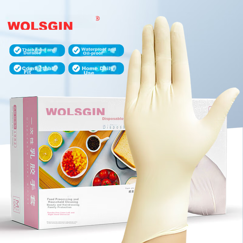 Одноразовые перчатки WOLSGIN, латексные, 100 шт., размер M, пищевые, толстые, высокоэластичные, для осмотра, для кейтеринга, 127x225x72 мм