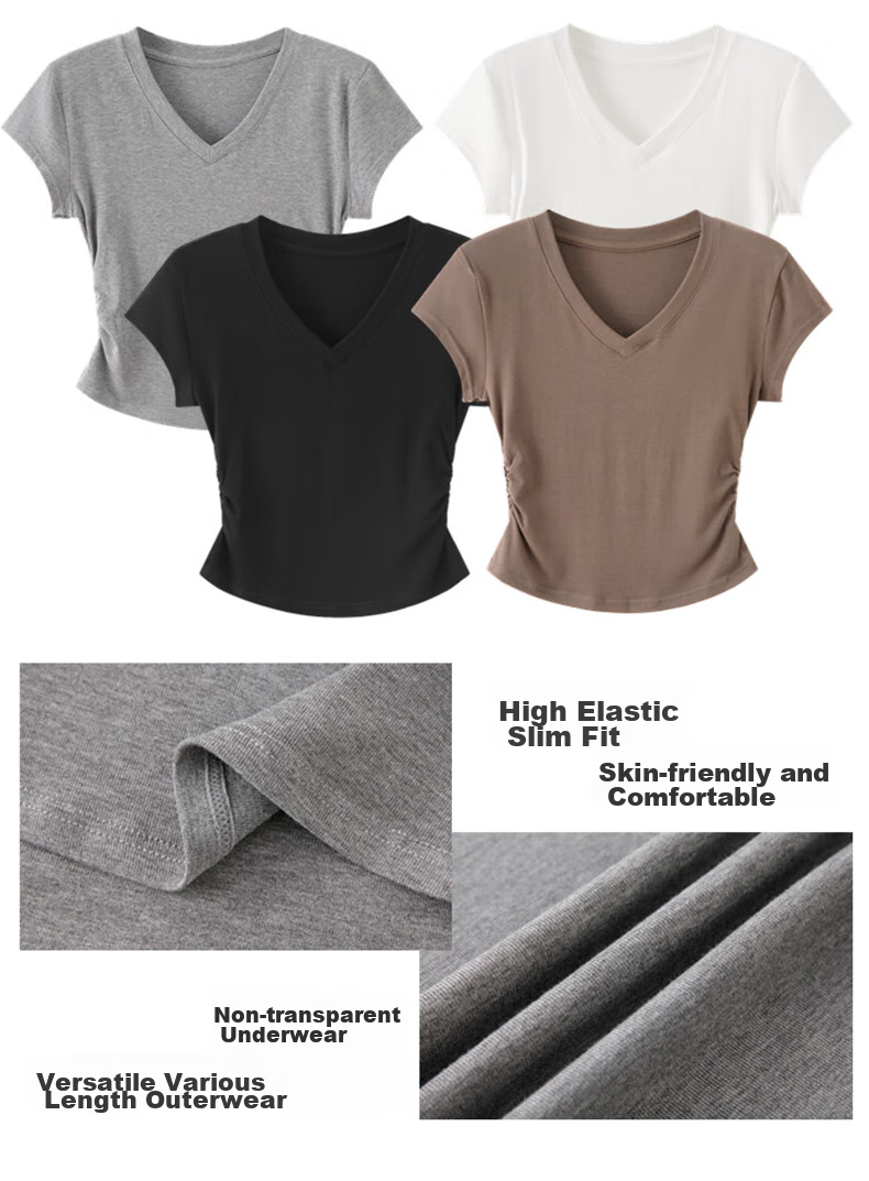 XUEXIMAN Women's Summer T-Shirt, Stylish And Simple Design, Slim Fit with Waist-Cinching V-Neck, Wrinkled High Cotton Short Sleeves for Wome 11