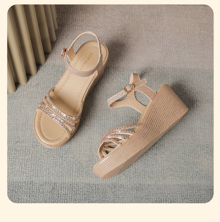 ZHR Women's Shoes, Summer Wedge Versatile Sandals, Fashionable Rhinestone Platform Slimming Beach Shoes for Women, AY161, Apricot Color, Size 35 28