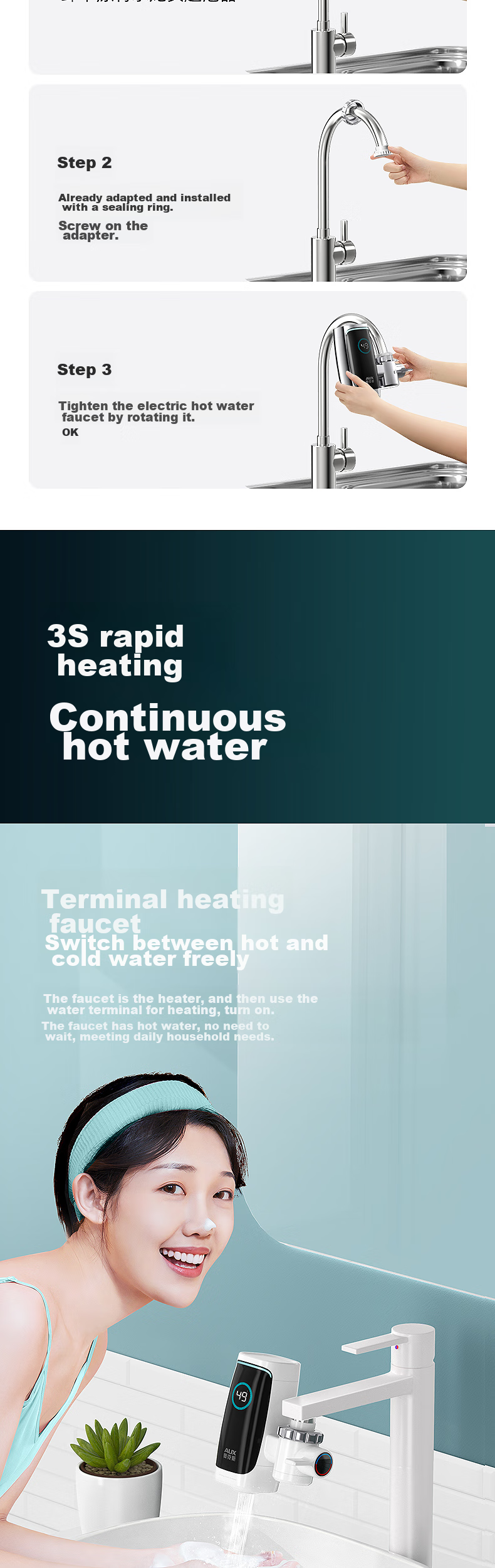 AUX Electric Instant Hot Water Faucet Fast Heating Household Instantaneous Water Heater No Installation Quick Heating Kitchen Small Electric Water Heater Hot and Cold Dual Use Flow Heating 3