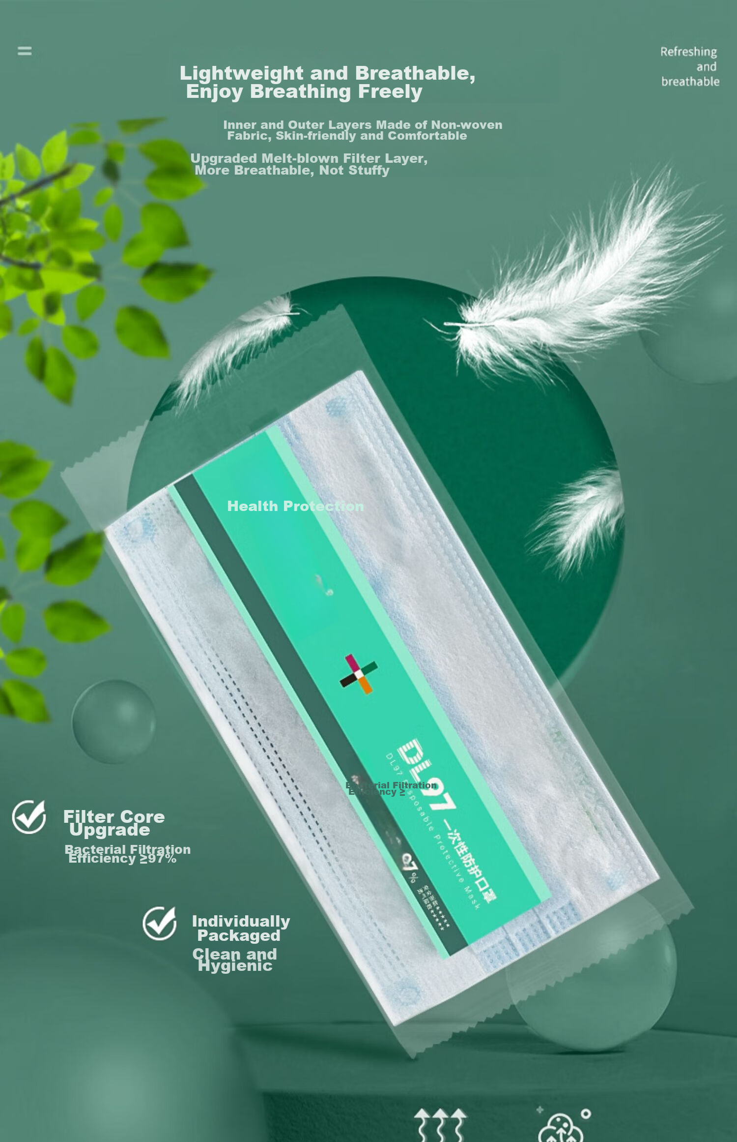 Baoweikang DL97 Disposable Face Mask, Individually Wrapped, Three-Layer Protection against Bacteria And Droplets, Adult Protective Mask DL003 Upgraded Version, Blue 12