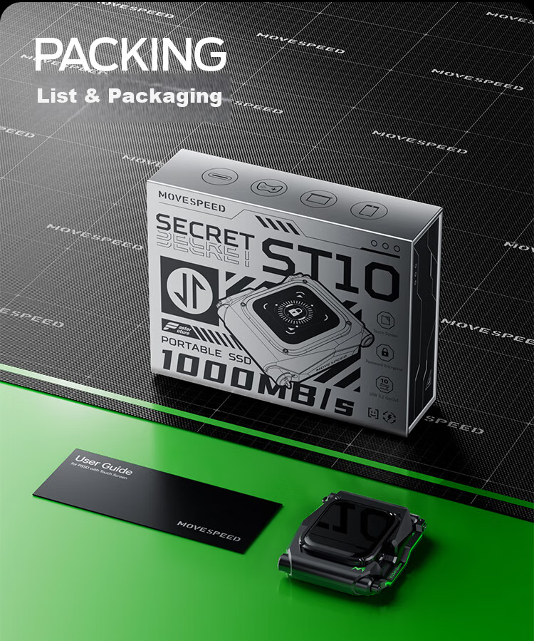 MOVE SPEED ST10 1TB Encrypted Portable Solid State Drive (PSSD) Smart Display Touchscreen High-Speed External Hard Drive for Phones And Computers 1050MB/S 26
