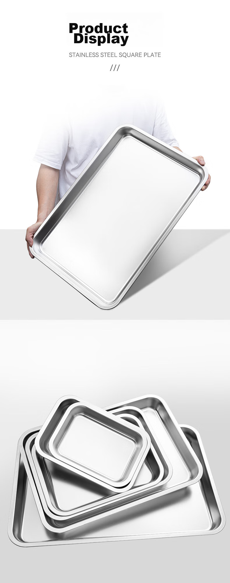 Jinyaoshi Stainless Steel Flat Bottom Deep Square Basin Rectangular Tray Steaming Plate, Serving Dish, Dumpling Plate, Fruit Plate GK-FP6040 9