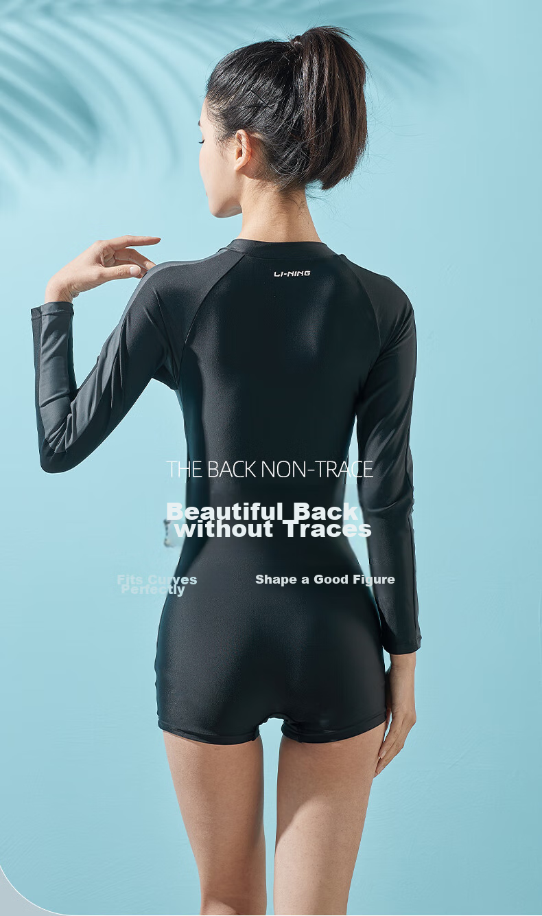 Li-Ning One-Piece Swimsuit for Women, Long Sleeves, Sun Protection, Conservative, Slimming, Comfortable, Chlorine-Resistant, Sports Training Swimwear 018 Black Gray XL 9
