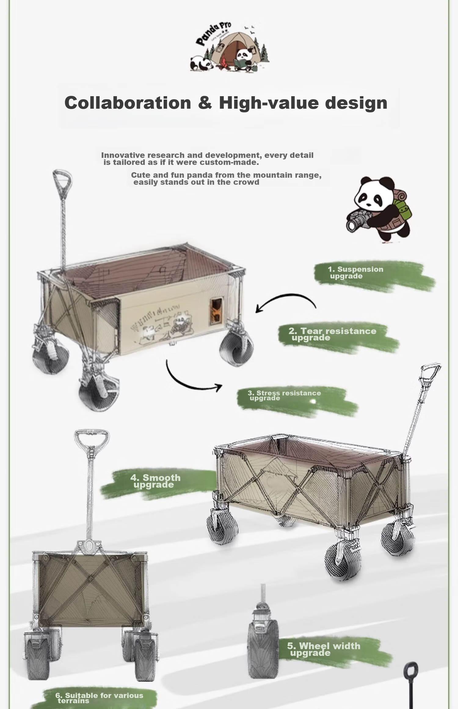 CAMEL Outdoor Camping Cart, Grocery Shopping Trolley, Kids' Ride-On Vehicle, Dog Walking Cart, Portable Campsite Cart, Picnic Wagon, Wide Wheels, Khaki Color 4