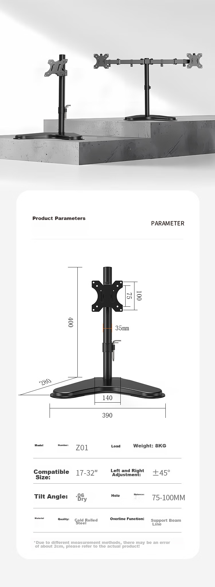 ATSCORE Dual Monitor Stand, Computer Stand without Drilling, Height Adjustable Stand, Monitor Riser, Screen Support, Left And Right Dual Screens, 15-30 Inches 10