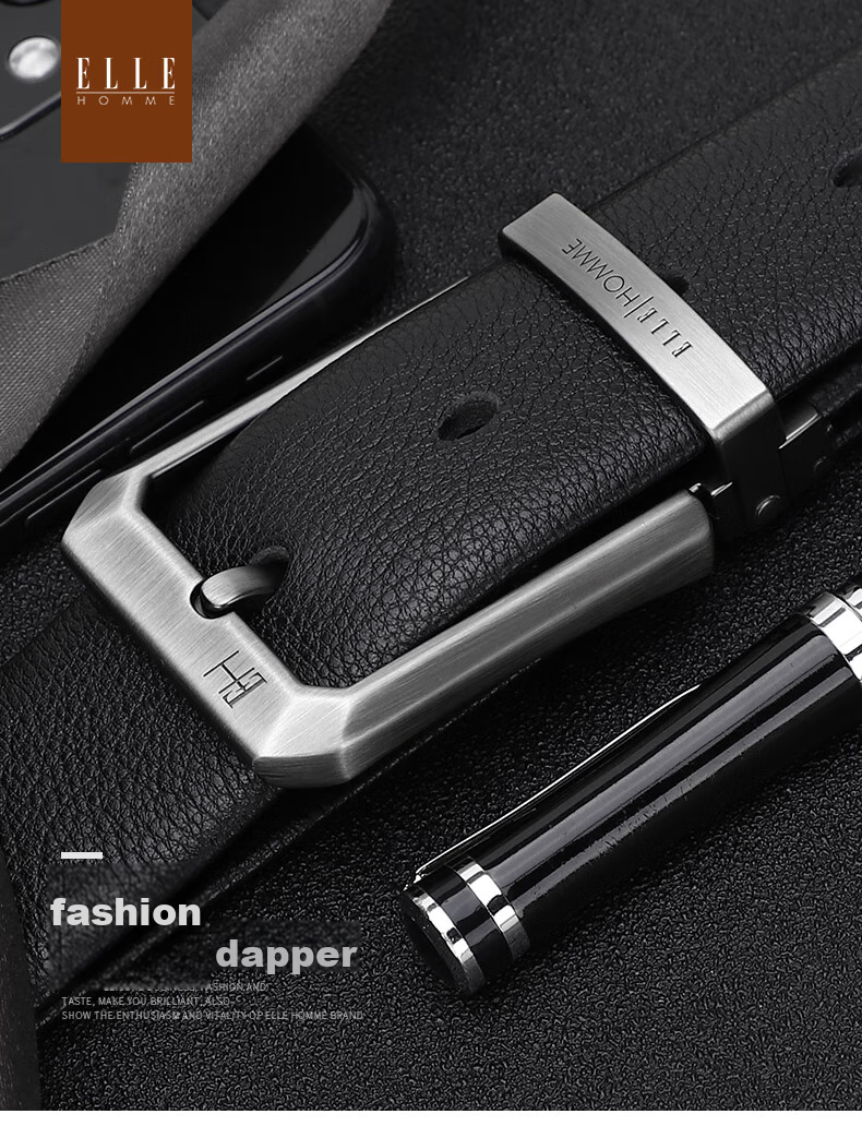 ELLE HOMME Men's Leather Belt, Fashionable Pin Buckle Waistband, Top-Grain Cowhide Casual Trouser Belt for Men 35813, Birthday Gift for Me 1
