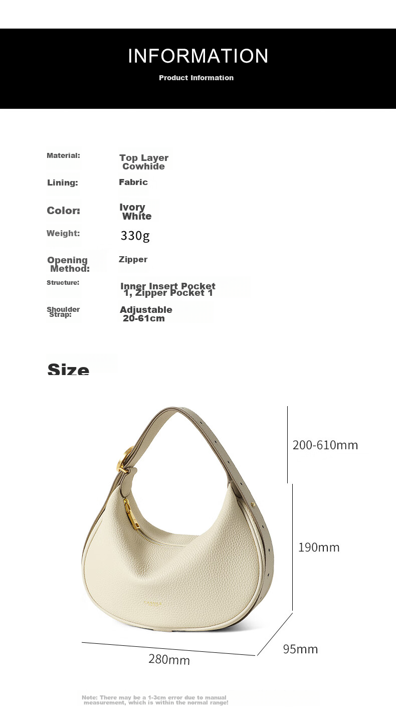 CASSILE Women's Handbag, Top-Grain Leather, Crescent Moon Design, Underarm Crossbody Bag, Practical Gift for Wife on May 20th 12