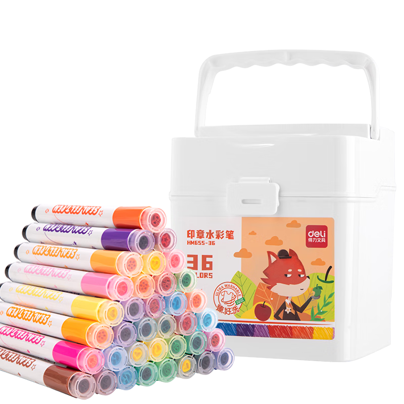 Deli 36-Color Round Stamp Watercolor Markers, Easy to Clean, for Students And Children's Drawing, Coloring, Art Supplies (36 Colors/tube), Watercolor Pens, Graduation Gift