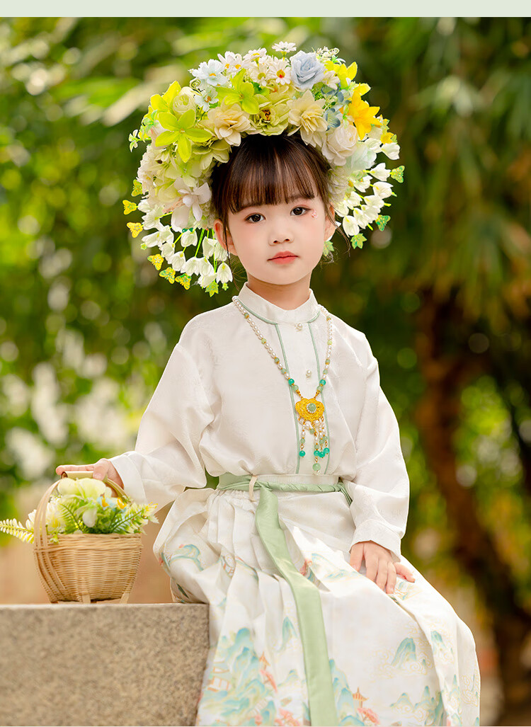 Menghu Yueqing Mountain Hanfu Girls' Spring New Style Children's Chinese-Style Ancient Costume Ming Dynasty Horse-Face Skirt Set, Pink Horse-Face Skirt, Size 100 9