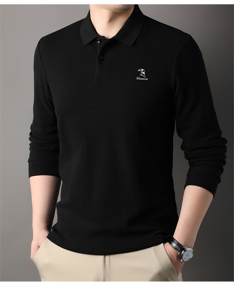 TUCANO Long-Sleeve Cotton Polo Shirt for Men, Business Casual Comfortable Versatile Top, Black, Size 4XL 11