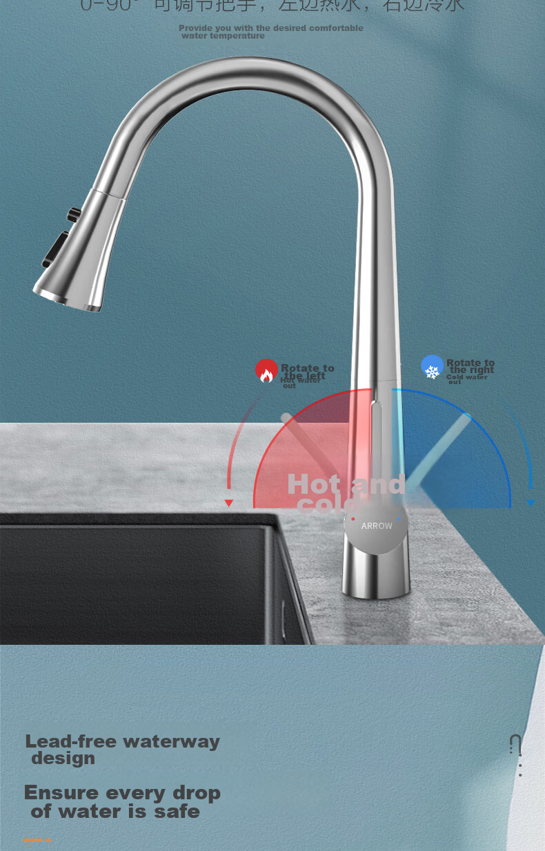 ARROW Pull-Out Kitchen Faucet, 304 Stainless Steel Hot And Cold Rotating Sink Tap for Washing Vegetables And Dishes, AE45131SS 9