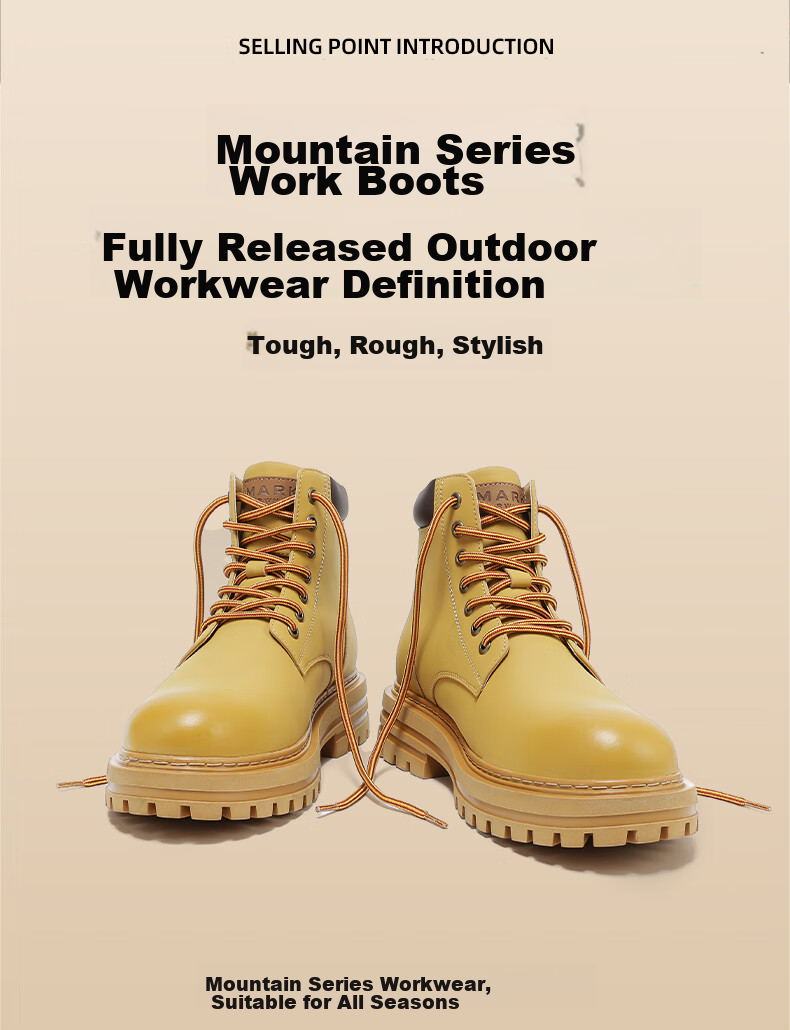 MARK FAIRWHALE Men's New Martin Boots, All-Season Style, Cotton Shoes, Thickened Heightening Work Boots, Motorcycle Men's Shoes, Ginger Yellow, Size 43 5