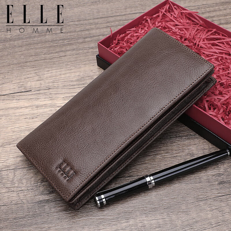 ELLE HOMME Men's Long Wallet, Top-Grain Leather Multifunctional Card Holder, Vertical Style Money Clip 0512, Birthday Gift for Me