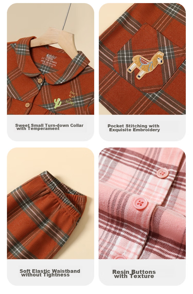 Hodohome Boys' Plaid Cotton Pajamas Set, Brushed Collar Lapel Cardigan Long Sleeve Sleepwear 501 140 10