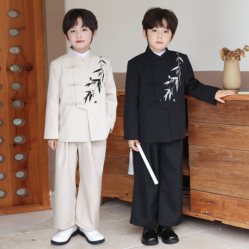 LUOBOBEIBEI Boys' New Chinese-Style Formal Wear Winter Fleece-Lined Jacket Children's National Style Suit Tang Suit Black Three-Piece Set 120
