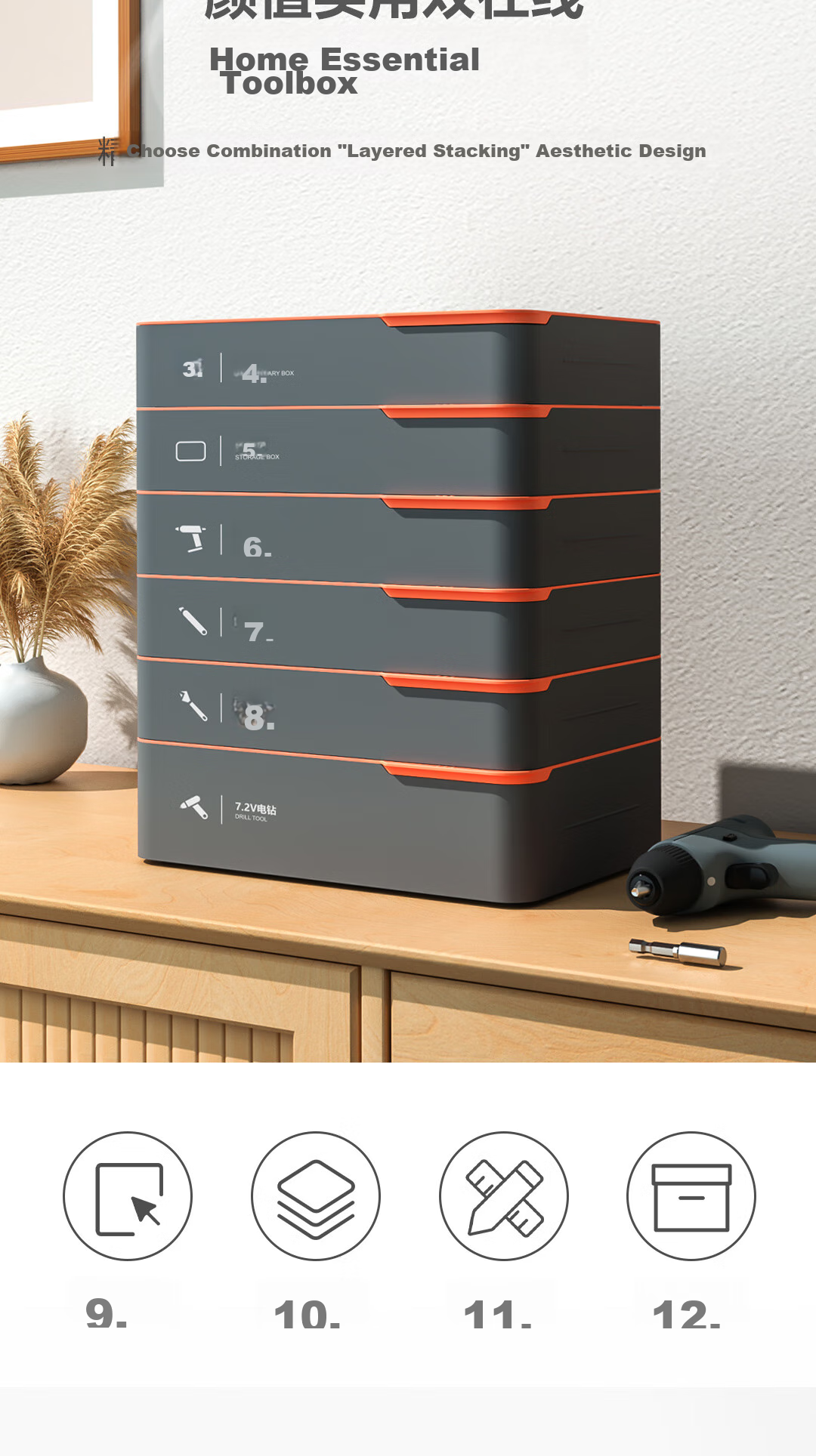 Deli Household Hardware Toolbox, 4-Tier Electric Tool Set, Including Electric Drill, Wrenches, Tape Measure, Screwdrivers, Combination Tool Kit 3