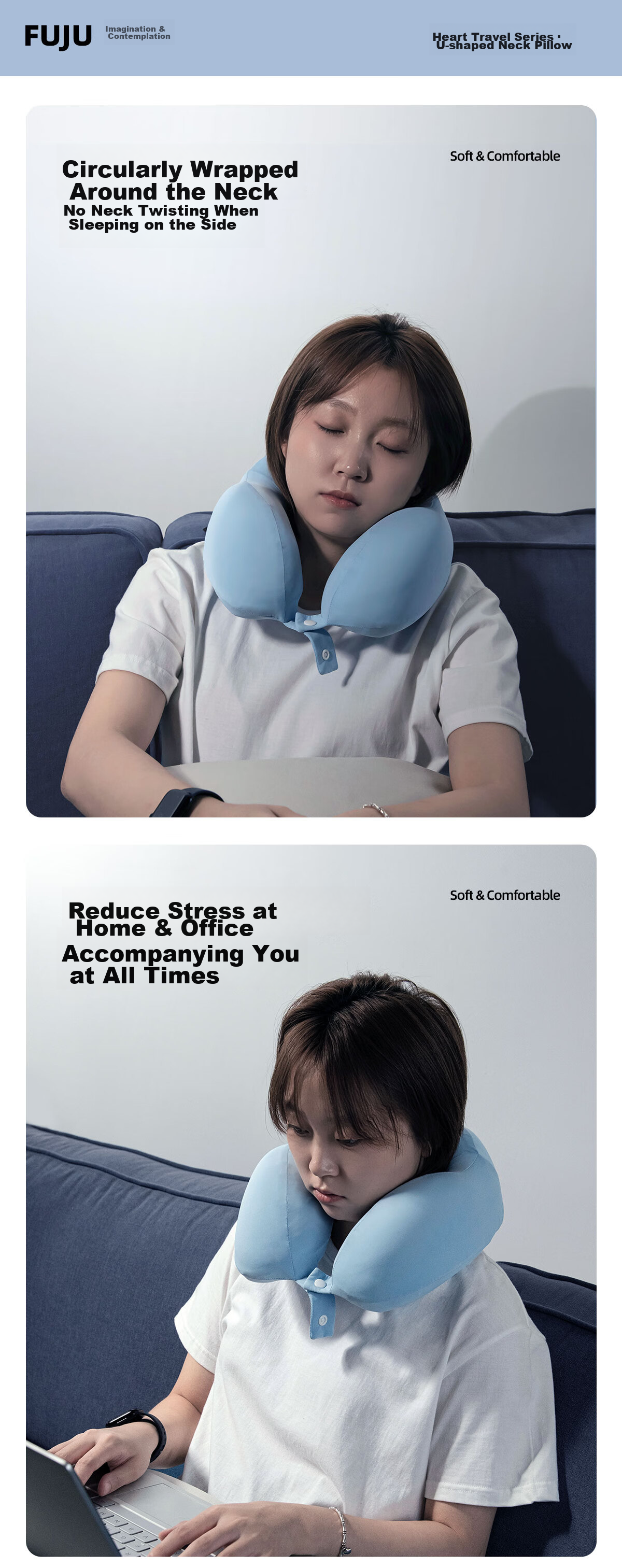 FOOJO Memory Foam U-Shaped Pillow, Portable Neck Support for Travel, Office, Nap, Car And Airplane Use, Sky Blue 5