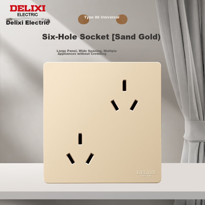 DELIXI Switch Socket, Slanted Six-Hole 10A Socket Double 3-Hole Socket, 86-Type Socket Panel in Sand Gold Color