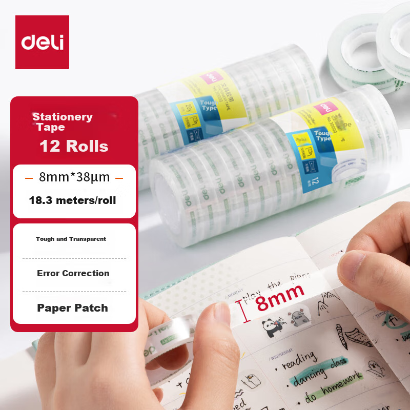 Deli Strong Transparent Tape, 8mm*20y High Adhesive Small Tape, Back-To Essential School Supplies, Error Correction Student Stationery, 12 Rolls/tube, Office Supplies, 30000