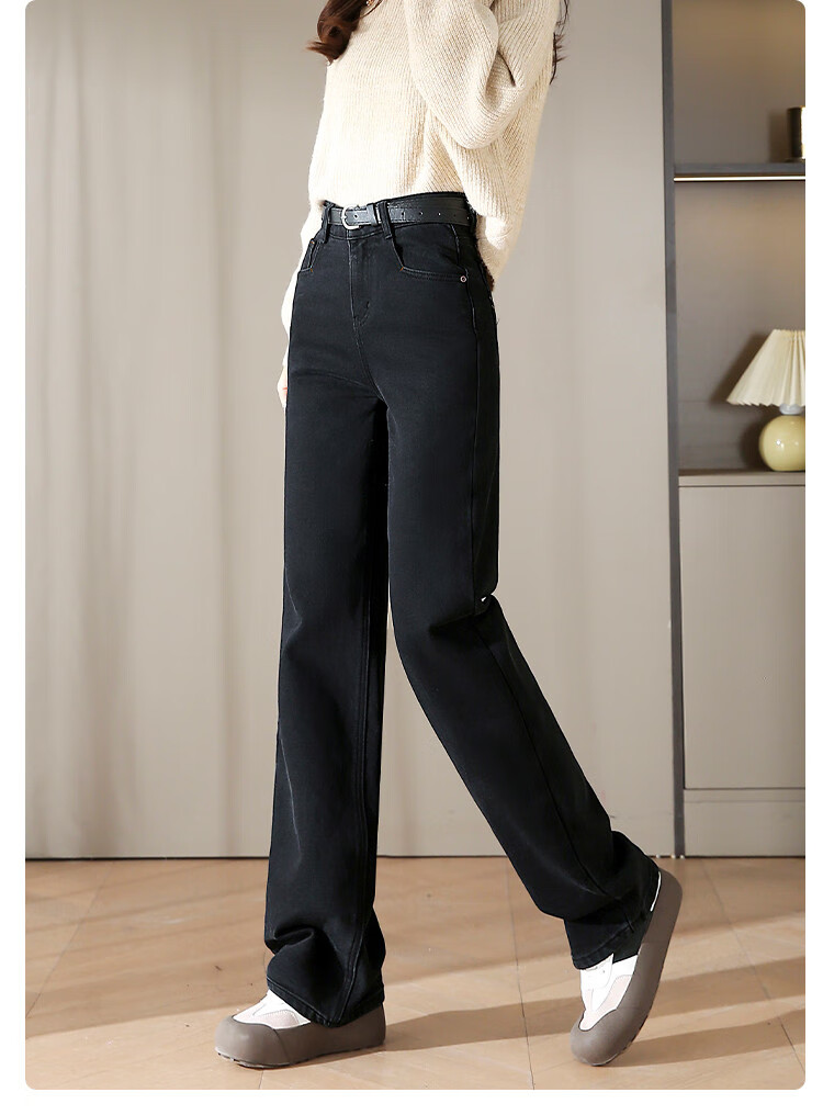 Dme [Fleece-Lined Slim Straight-Leg Pants] Winter Slim Straight-Leg High-Waist Elastic Fleece Wide-Leg Jeans for Wome 16