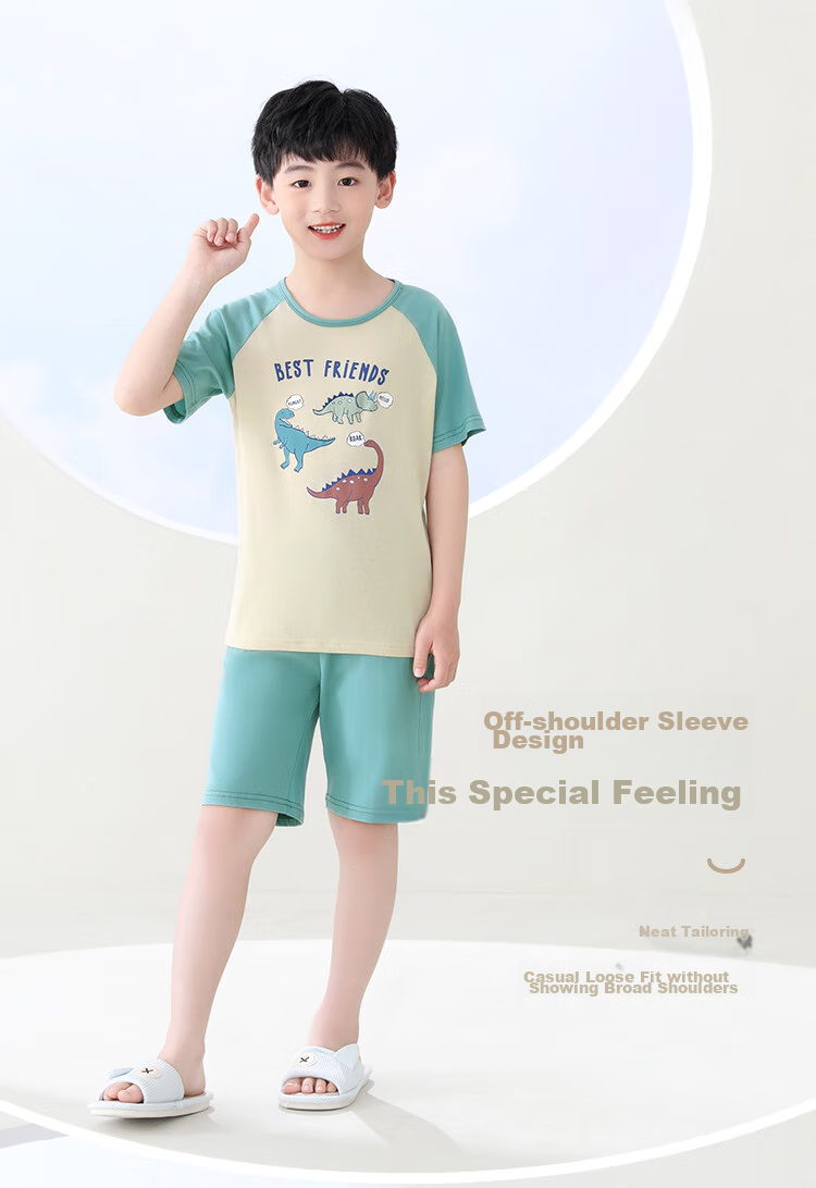 Hodohome Children's Pajamas, Boys' Summer Pure Cotton Loungewear, Big Kids Short-Sleeve Shorts Air Conditioning Suit Set, Size 315 One 165 4