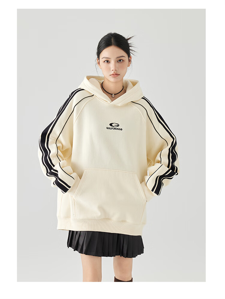 GOLFCROSS Couple's Retro Academic Style Striped Patchwork Color-Block Letter Embroidery Hoodie, Black, XXXL 12