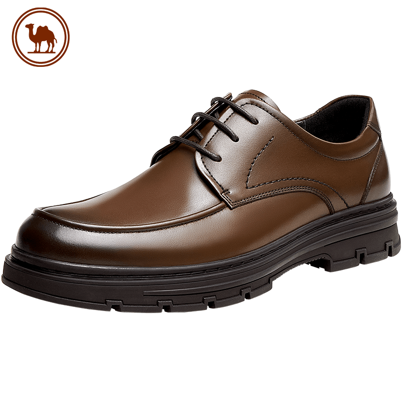 CAMEL Brand Men's Leather Shoes, Glossy Cowhide, Comfortable Soft Sole, Lace-Up Versatile Business Wedding Shoes, P13A005031, Brown, Size 41