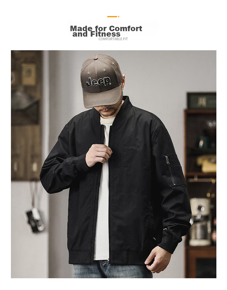 JEEP Men's Jacket, Spring And Autumn Workwear Baseball Collar Casual Clothing, Black, 2XL 14