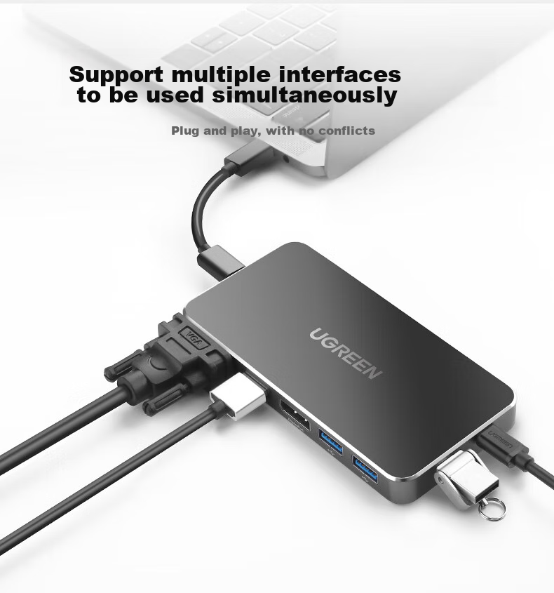 UGREEN Type-C Expansion Dock, Computer Converter, Gigabit Ethernet Port Expansion Dock, 4K 60Hz Gaming High Refresh Rate HDMI Adapter, Multi-Functional Interface for Computers, Compatible with Apple And Huawei 9