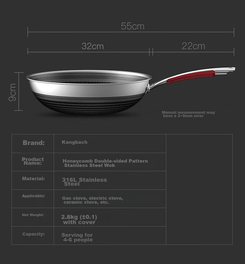 KBH Wok, Yuechu Honeycomb Double-Sided Non-Stick Pan, 316L Stainless Steel Frying Pan, 32cm, Compatible with Induction And Gas Stoves 15
