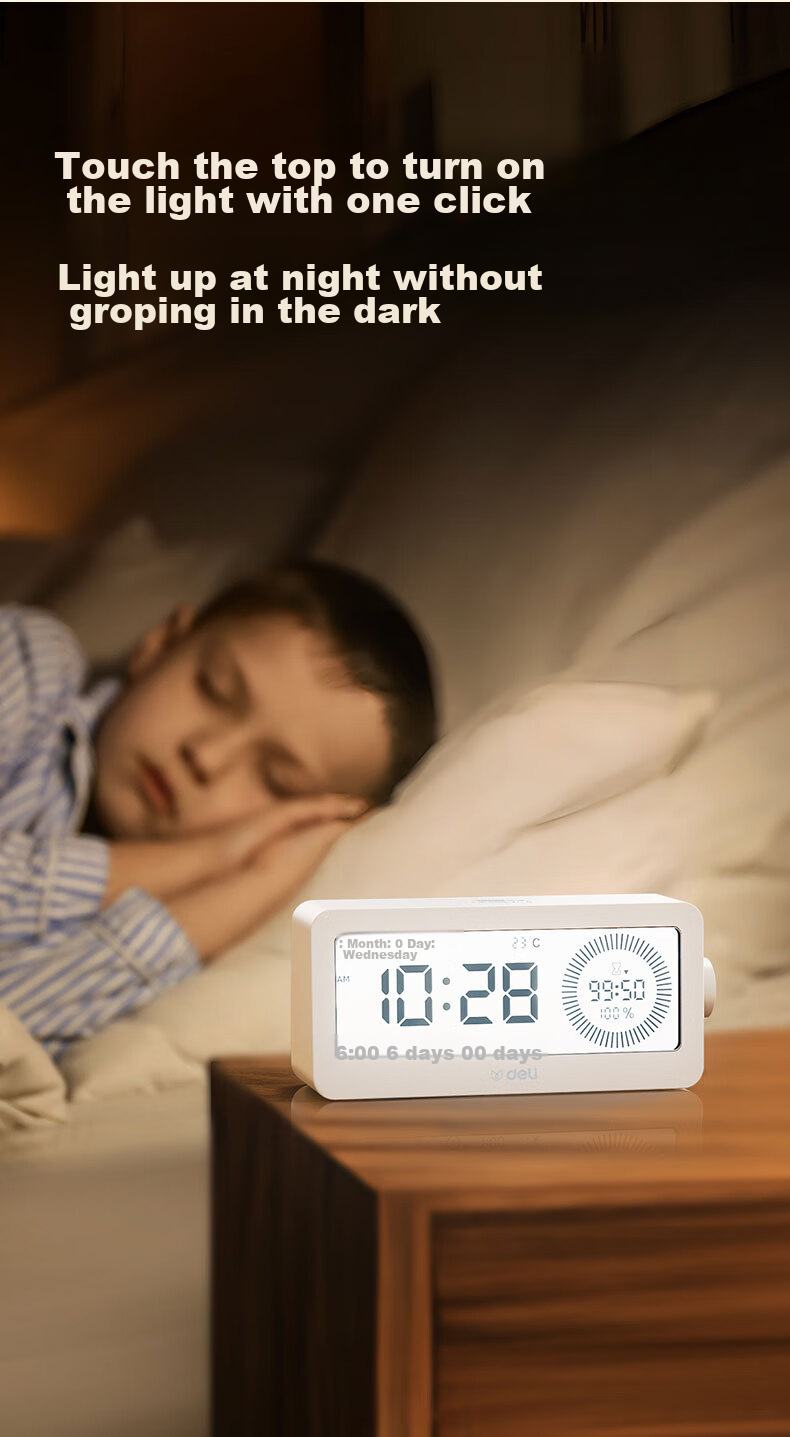 Deli Visual Smart Alarm Clock Timer, Student-Specific Wake-Up Device with Backlight Bedside Clock And Thermometer, Essential for Back-To And Graduation Seasons, LE107 White Gift 9