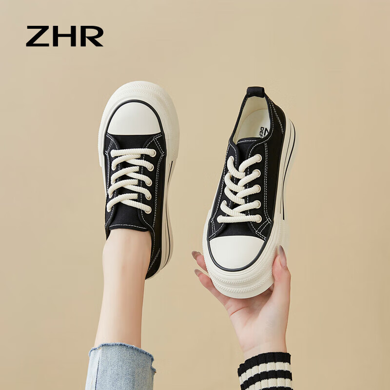 ZHR Canvas Shoes for Women, Round Toe Lace-Up Platform Sneakers, Simple Versatile Casual Shoes, CS33 Black, Size 36