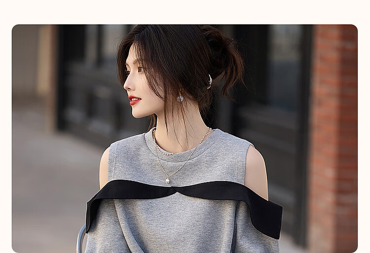 Dme [Designer Private Label] Spring And Autumn Round Neck Ruffle Contrasting Color Off-Shoulder Pique Air Layer Sweatshirt Women's Top 4