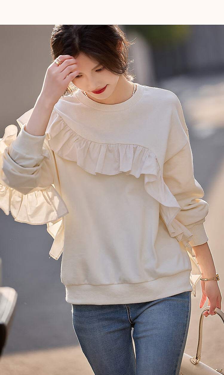 Dme [French Romantic Lace Trim] Spring And Autumn Round Neck Cotton Long Sleeve Slightly Stretchy Loose Elegant Sweatshirt Women's Top 11