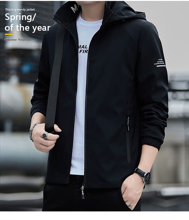 TUCANO Men's Jacket, Spring And Autumn Hooded Coat, Business Casual Loose Outdoor Windbreaker for Men, Black, 4XL 20