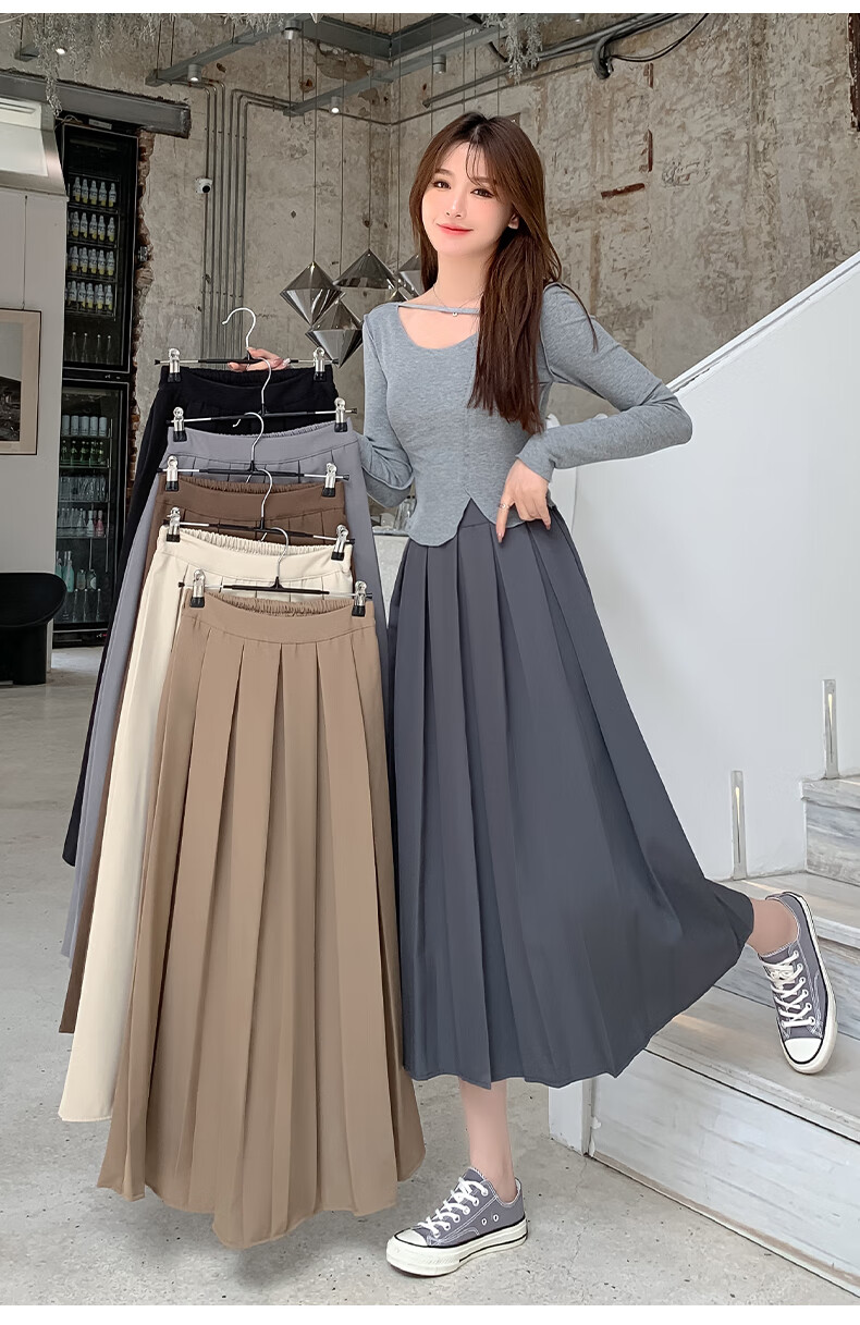 LangSha Pleated Skirt Women's Spring Vintage Mid-Length A-Line Skirt Elastic Waist Slim Fit Suit Umbrella Skirt 15