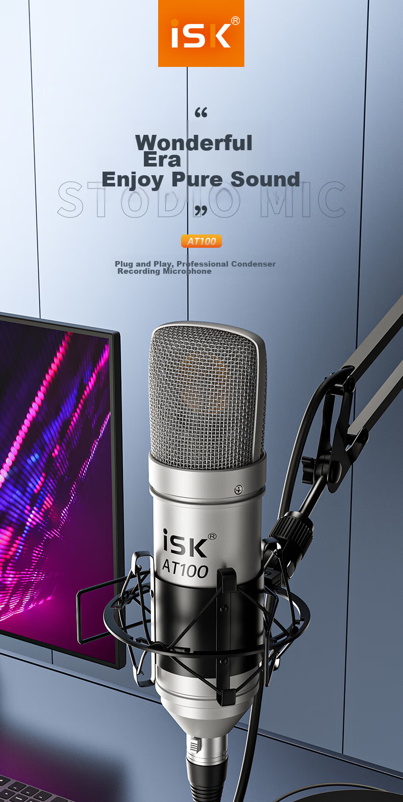ISK AT100 Microphone Live Streaming Sound Card Equipment Complete Set for Mobile Phones, Karaoke, Computer Singing, Electronic Music, Shouting, Recording, Universal Wired Condenser Microphone 1