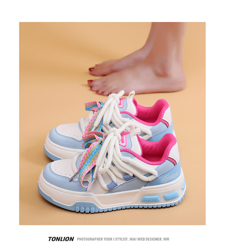 TonLion Women's Shoes, Spring And Summer 2026 Thick-Soled Sneakers, Ladies Casual Shoes, Versatile Sports Dad Shoes, White Black Pink, Size 37 14