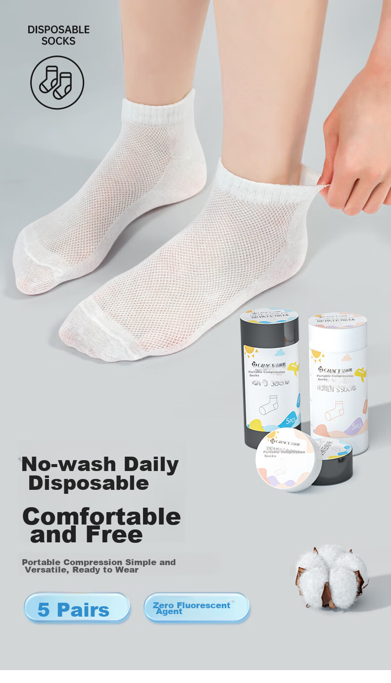 Grace Travel Disposable Socks, Compressed Short Tube Socks, Daily Disposable, for Business Trips, Unisex, No-Wash, 5 Pairs Pack, White 1