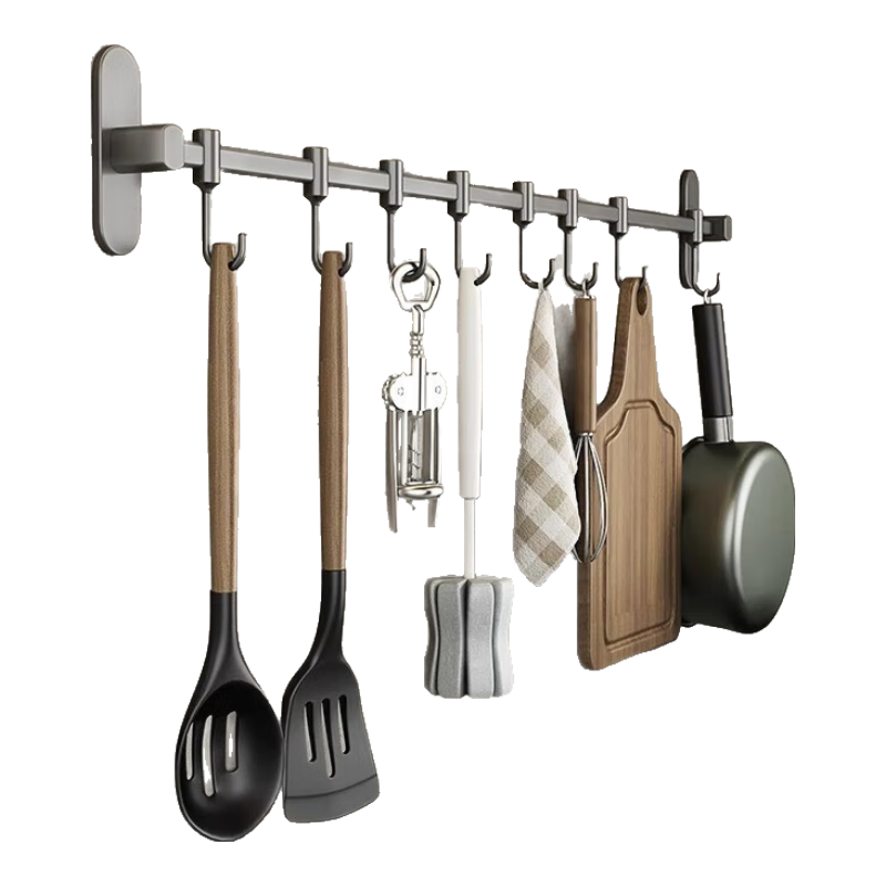 MUYA Stainless Steel Kitchen Hooks, No Drilling Required, Hanging Rod, Kitchen Storage Rack, Utensil Hanger, Wall-Mounted Organizer with Hooks