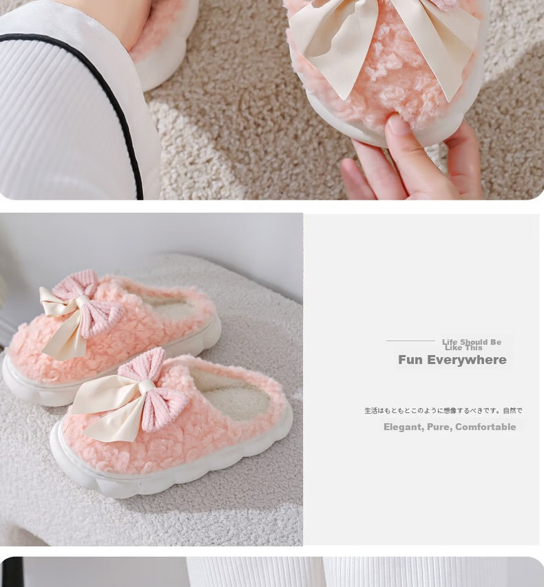 Huameijianbu Butterfly Bow Women's Cute Warm Thick-Soled Home And Outdoor Cotton Slippers HM298 White Size 40-41 19