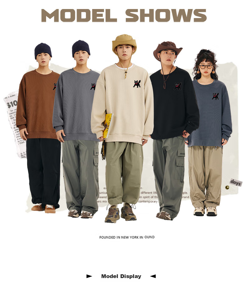 Baleno Waffle Knit Sweatshirt for Men, Spring Student Trendy Cartoon Long-Sleeve Jacket, Round Neck Couple's Oversized Pullover Top 8