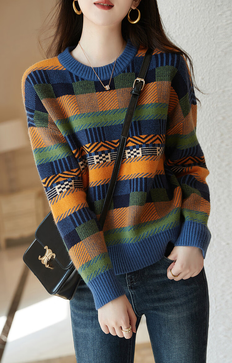 Dme [Color Block Knit Sweater] Spring And Autumn Commuter Round Neck Loose Drop Shoulder Long Sleeve Slightly Stretchy Women's Sweater, Orange, Size S 10