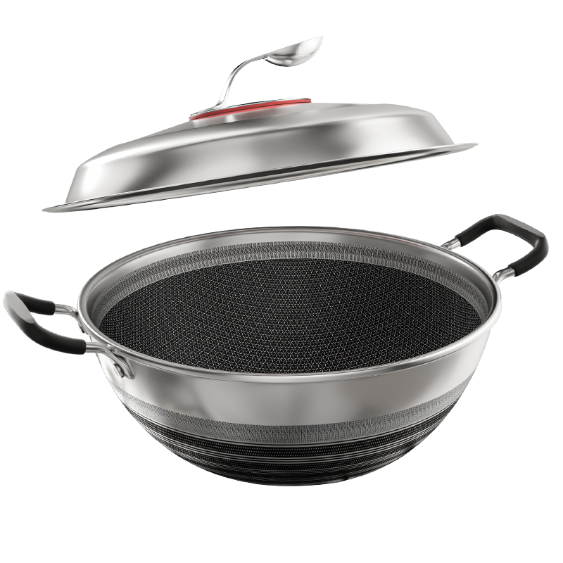 OLOFE 316L Stainless Steel Wok, Honeycomb Flat Bottom Frying And Stewing Pan, Non-Stick Stir-Fry Cooking Pan, Compatible with Gas Stoves, 36cm
